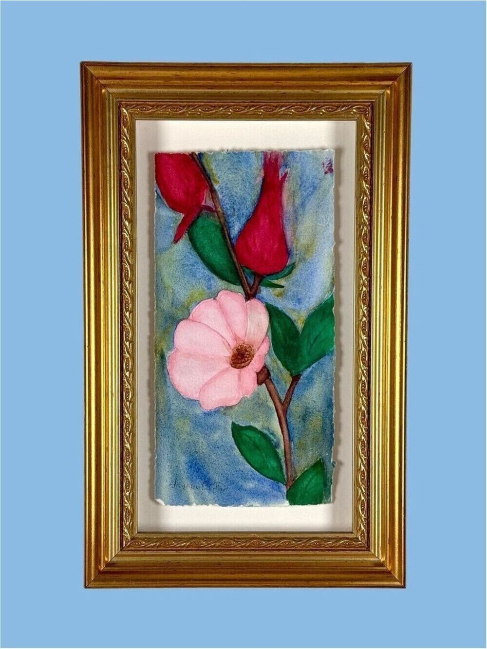 Vtg Watercolor Floral Art Jeanne Dubois May Flower Pink Red 7x12 in Framed